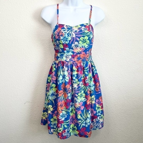 Red Camel Blue Multi Color Floral Hawaiian Fit & Flare Mini Sun Dress 1 Tropical - Picture 1 of 6
